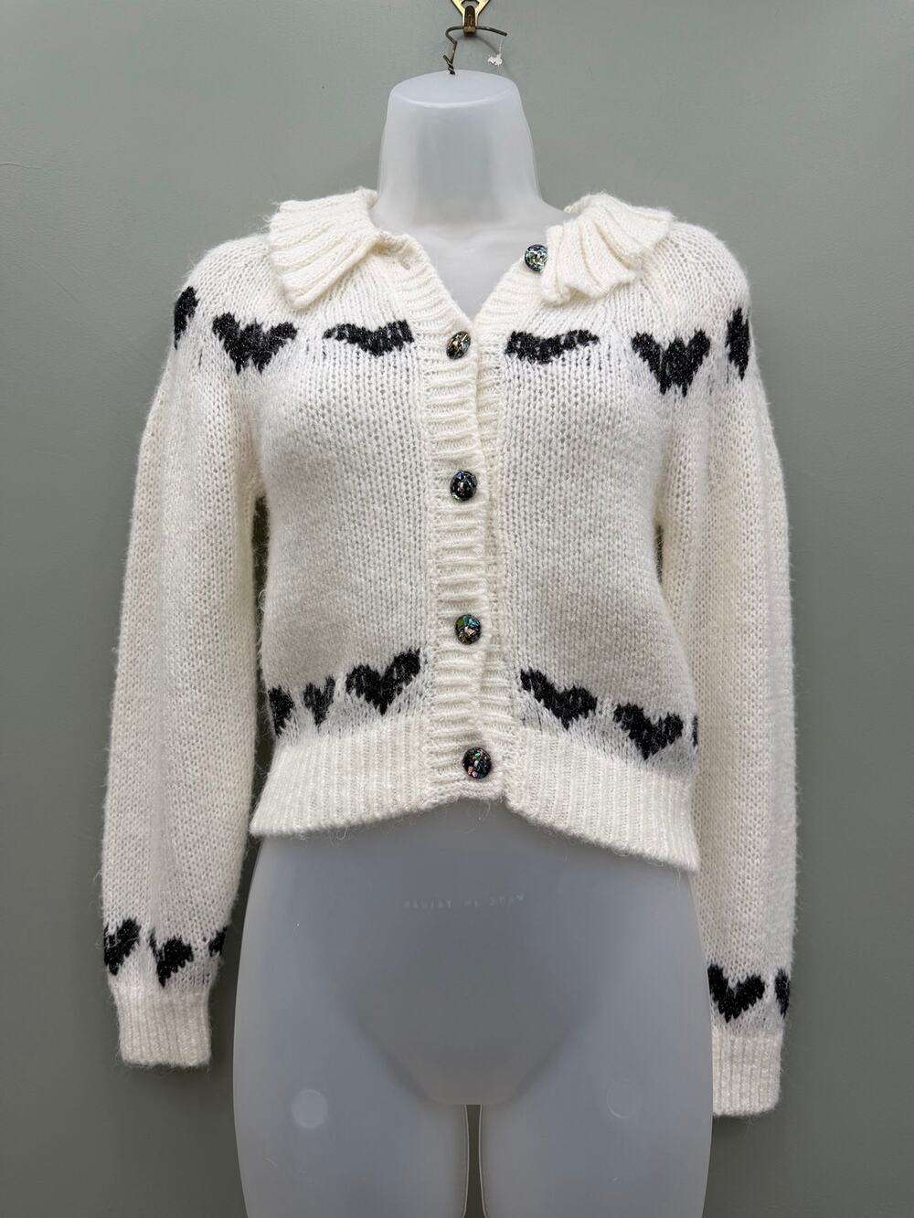 Kimchi Blue Heart Cardigan XS Cream Black Cropped Ruffle Collar Coquette